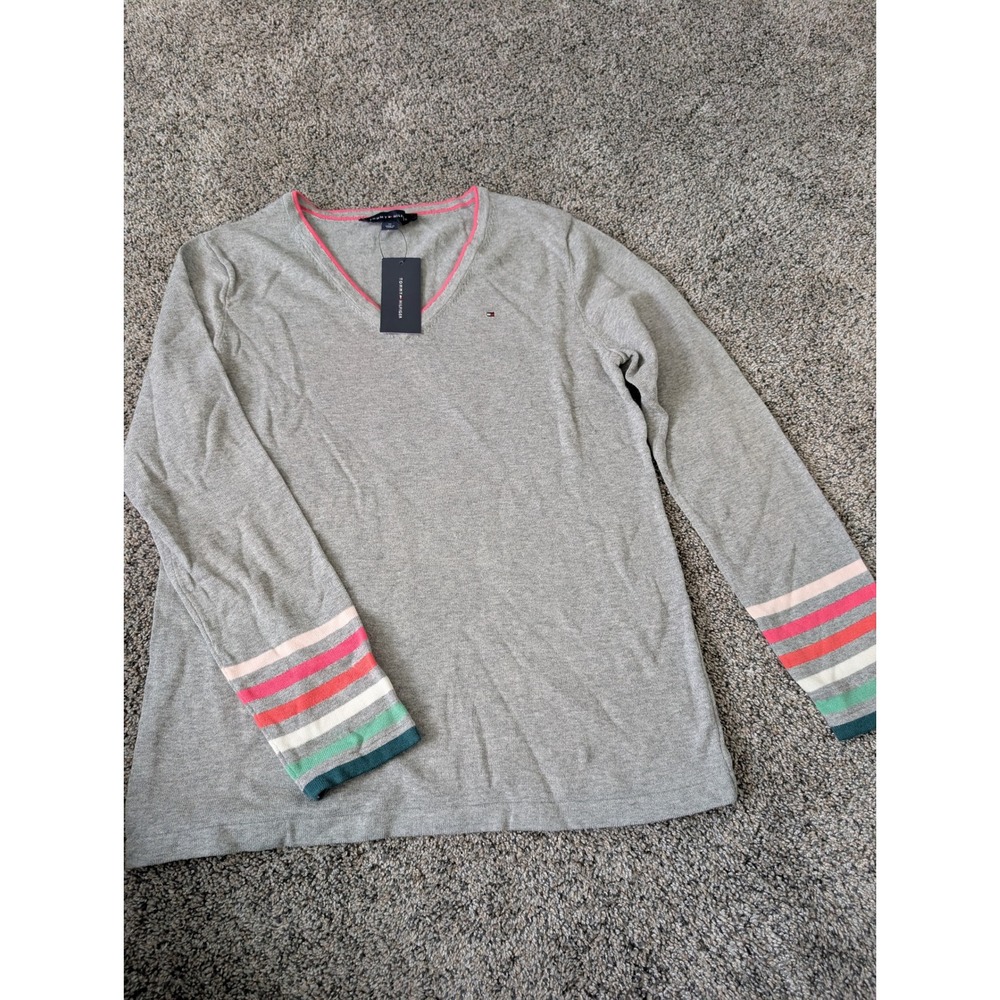 Tommy Hilfiger Womens V-Neck Sweater Gray Multi Stripe Cuffs J22SN327 MHG M